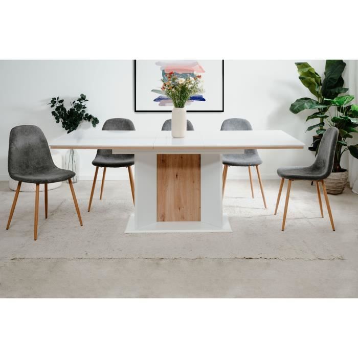 Table extensible - ARONA - Rectangulaire - 10 personnes - 160/200 x 76 x 90 cm - Blanc / chene artisan