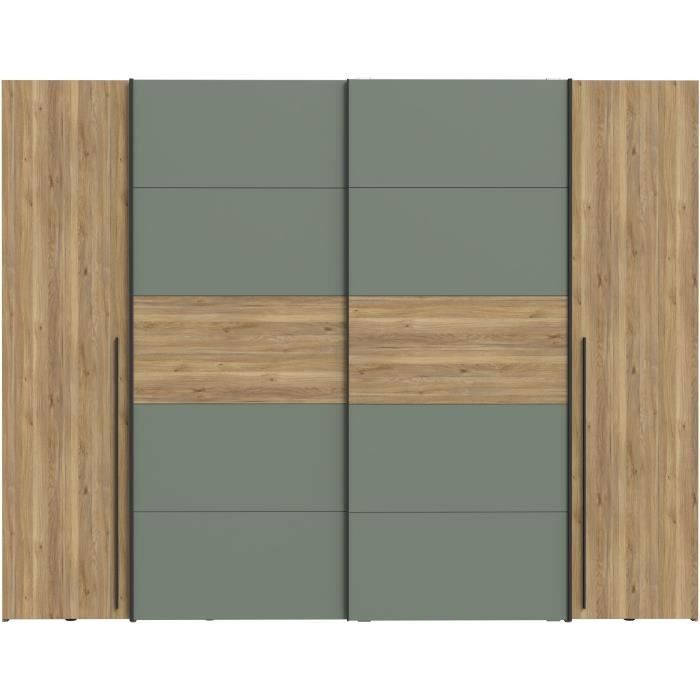 Armoire - Décor Chene et vert Sauge - 2 portes battantes + 2 portes coulissantes - L270 x P61 x H210cm - NARAGO