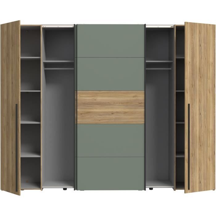 Armoire - Décor Chene et vert Sauge - 2 portes battantes + 2 portes coulissantes - L270 x P61 x H210cm - NARAGO