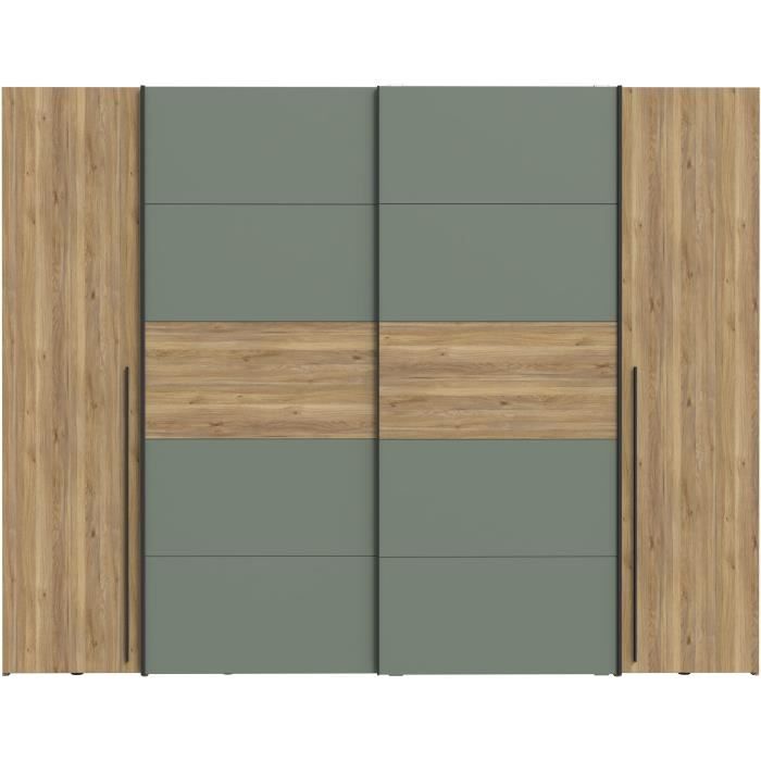 Armoire - Décor Chene et vert Sauge - 2 portes battantes + 2 portes coulissantes - L270 x P61 x H210cm - NARAGO