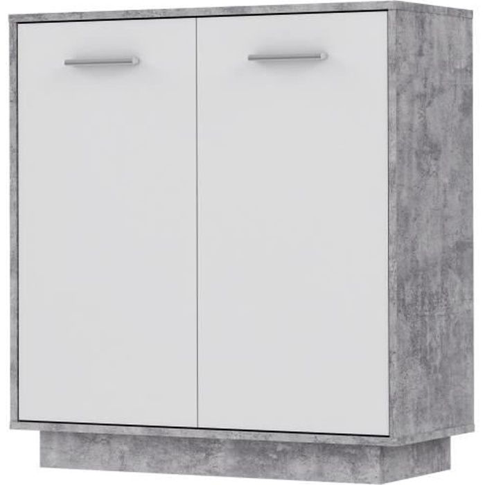 Petit buffet - Meuble de rangement PILVI - 2 portes - Blanc et bÈton clair - L 82,9 x P 34,2 x H 88,1 cm