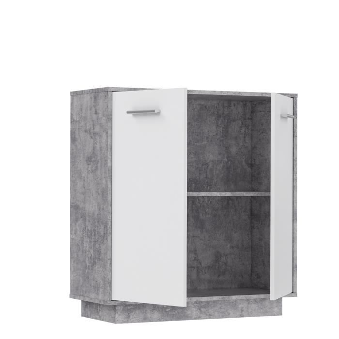 Petit buffet - Meuble de rangement PILVI - 2 portes - Blanc et bÈton clair - L 82,9 x P 34,2 x H 88,1 cm