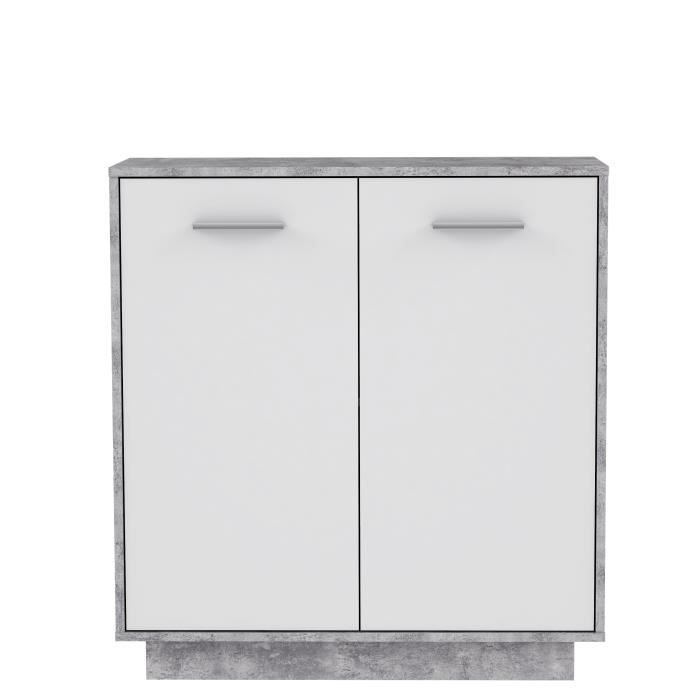 Petit buffet - Meuble de rangement PILVI - 2 portes - Blanc et bÈton clair - L 82,9 x P 34,2 x H 88,1 cm
