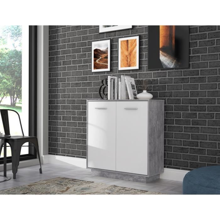 Petit buffet - Meuble de rangement PILVI - 2 portes - Blanc et bÈton clair - L 82,9 x P 34,2 x H 88,1 cm