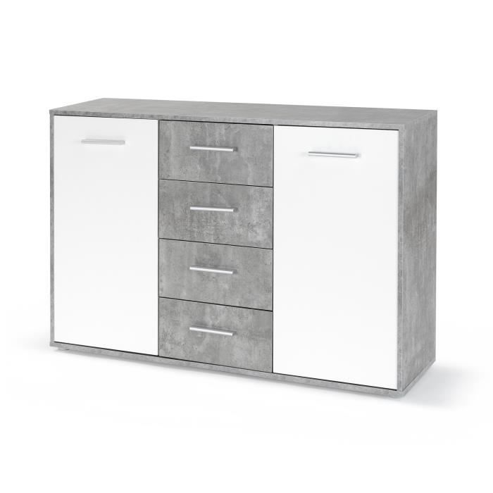 Buffet bas PILVI - 2 portes et 4 tiroirs - Blanc et bÈton clair - L 122,6 x P 34,2 x H 81,1 cm
