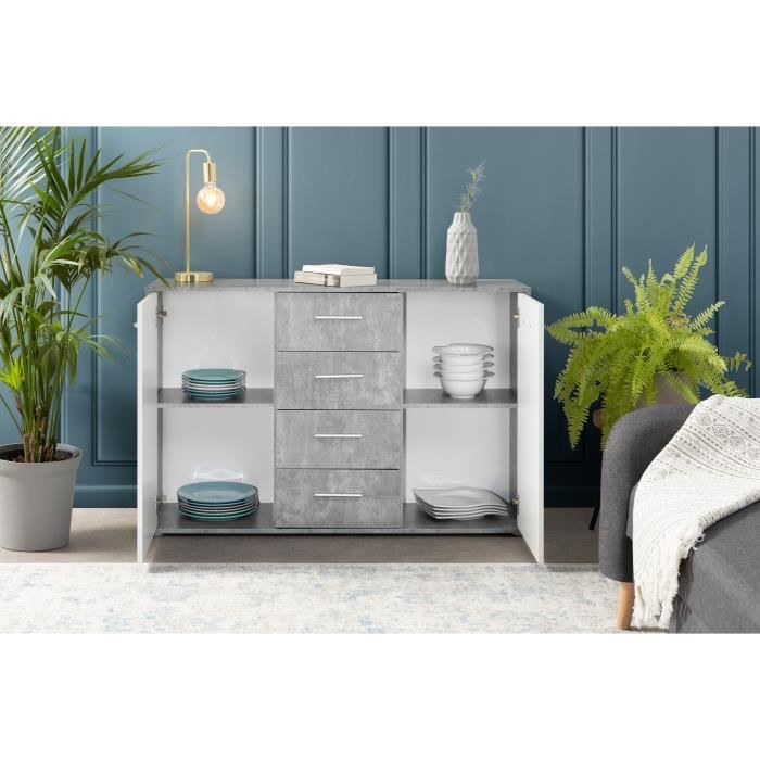 Buffet bas PILVI - 2 portes et 4 tiroirs - Blanc et béton clair - L 122,6 x P 34,2 x H 81,1 cm