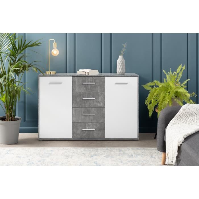 Buffet bas PILVI - 2 portes et 4 tiroirs - Blanc et bÈton clair - L 122,6 x P 34,2 x H 81,1 cm