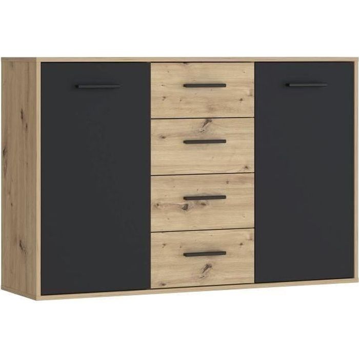 Buffet PILVI - Style contemporain - Particules mÈlaminÈ - DÈcor Chene et noir - 2 portes + 4 tiroirs - L 122,6 x P 34,2 x H 81,7 cm