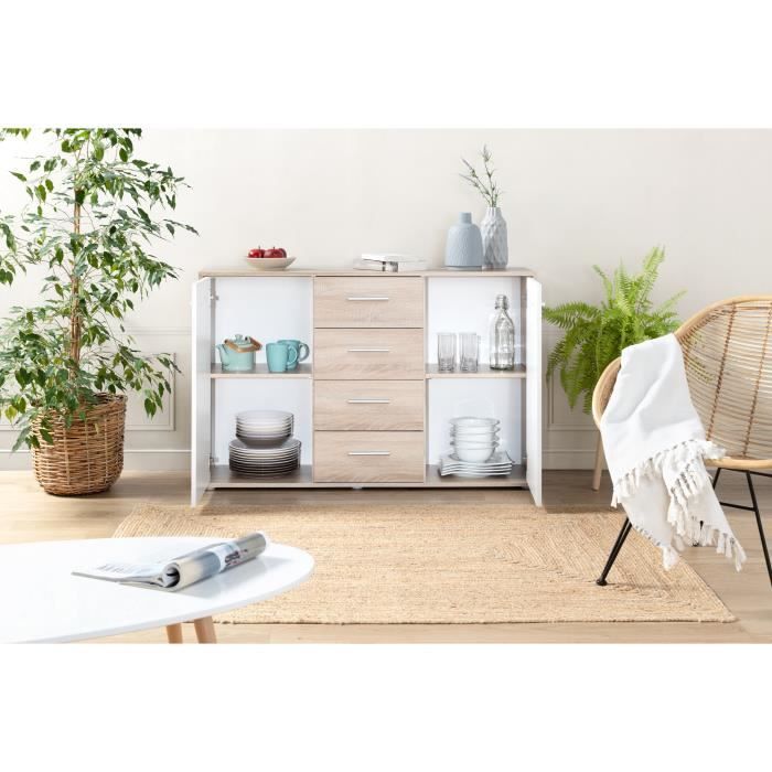Buffet bas PILVI - 2 portes et 4 tiroirs - Blanc et chene sonoma - L 122,6 x P 34,2 x H 81,1 cm