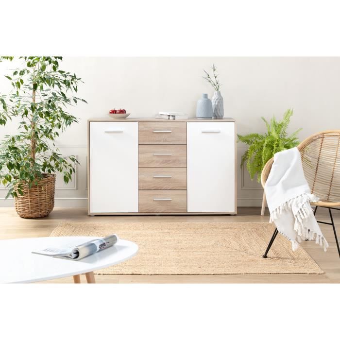 Buffet bas PILVI - 2 portes et 4 tiroirs - Blanc et chene sonoma - L 122,6 x P 34,2 x H 81,1 cm