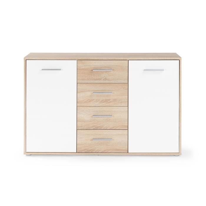 Buffet bas PILVI - 2 portes et 4 tiroirs - Blanc et chene sonoma - L 122,6 x P 34,2 x H 81,1 cm