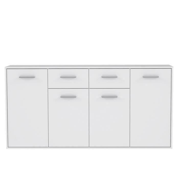 Buffet bas PILVI - 4 portes et 2 tiroirs - Blanc mat - L 162,3 x P 34,2 x H 88,1 cm