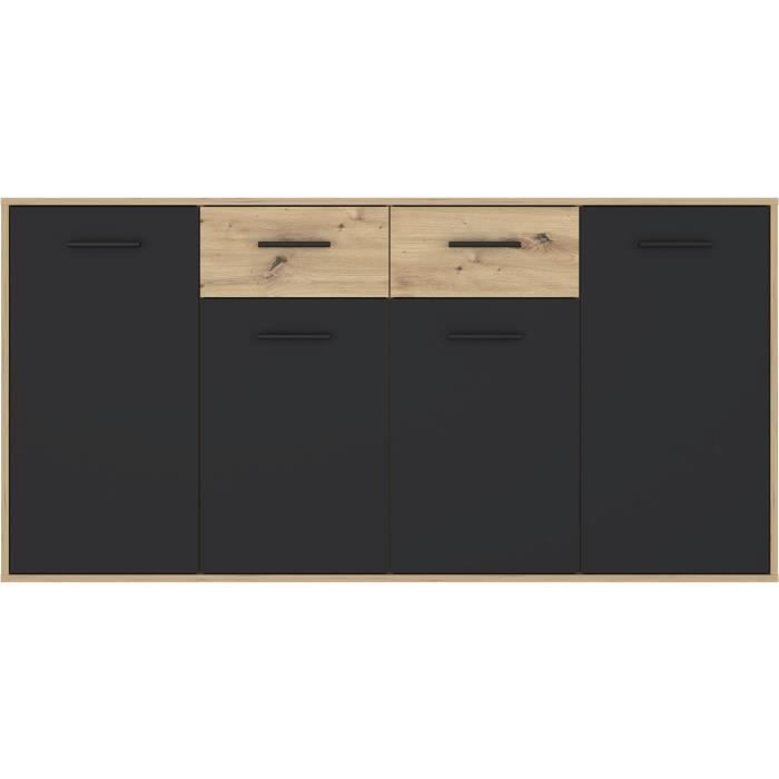 Buffet PILVI - Style contemporain - Particules mÈlaminÈ - DÈcor Chene et noir - 4 portes + 2 tiroirs - L 162,3 x P 34,2 x H 81,7 cm