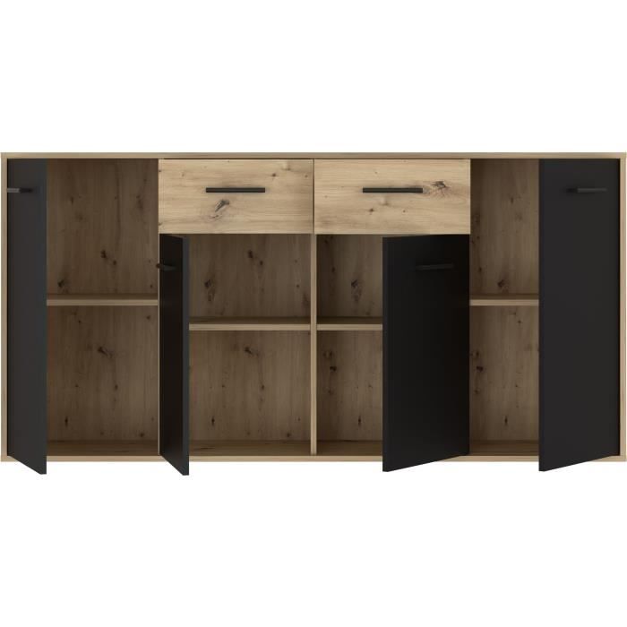 Buffet PILVI - Style contemporain - Particules mélaminé - Décor Chene et noir - 4 portes + 2 tiroirs - L 162,3 x P 34,2 x H 81,7 cm