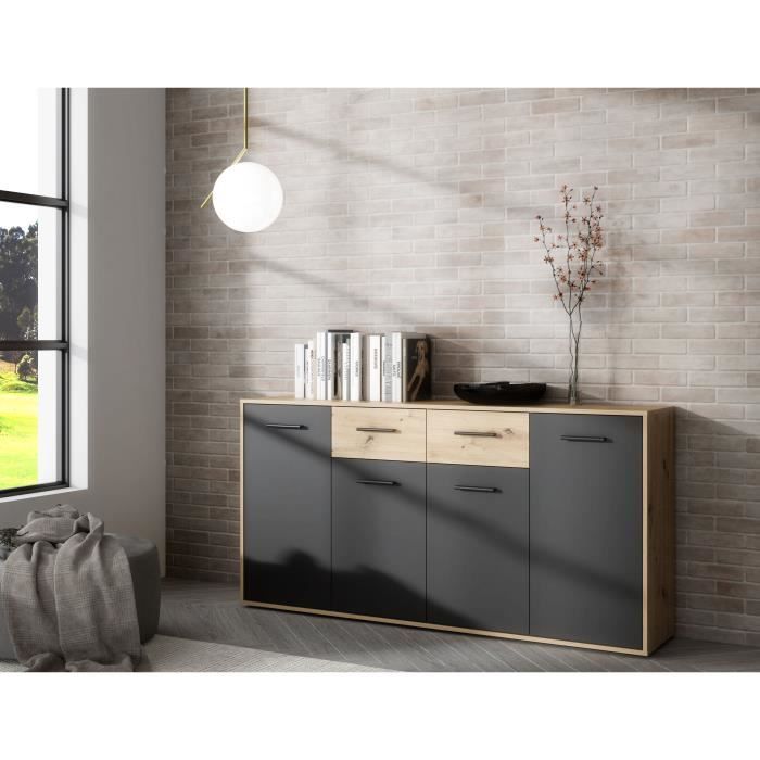 Buffet PILVI - Style contemporain - Particules mélaminé - Décor Chene et noir - 4 portes + 2 tiroirs - L 162,3 x P 34,2 x H 81,7 cm
