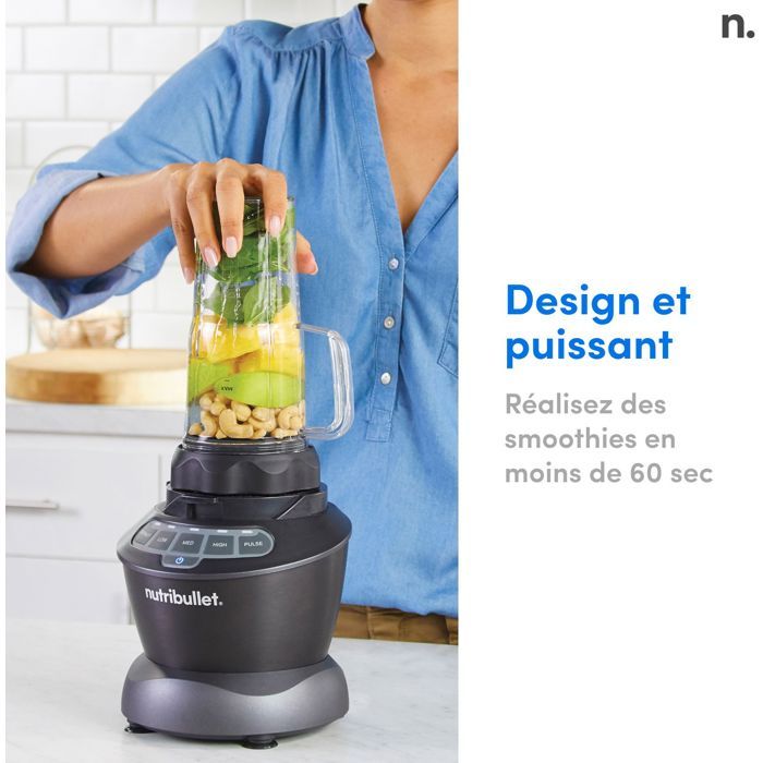 Blender - NUTRIBULLET Combo - NBF500DG - 1200 Watt - Pichet 1.65L - 2 tasses et 2 couvercles de voyage inclus - Noir - Sans BPA