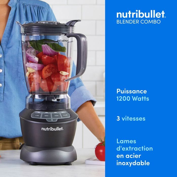 Blender - NUTRIBULLET Combo - NBF500DG - 1200 Watt - Pichet 1.65L - 2 tasses et 2 couvercles de voyage inclus - Noir - Sans BPA