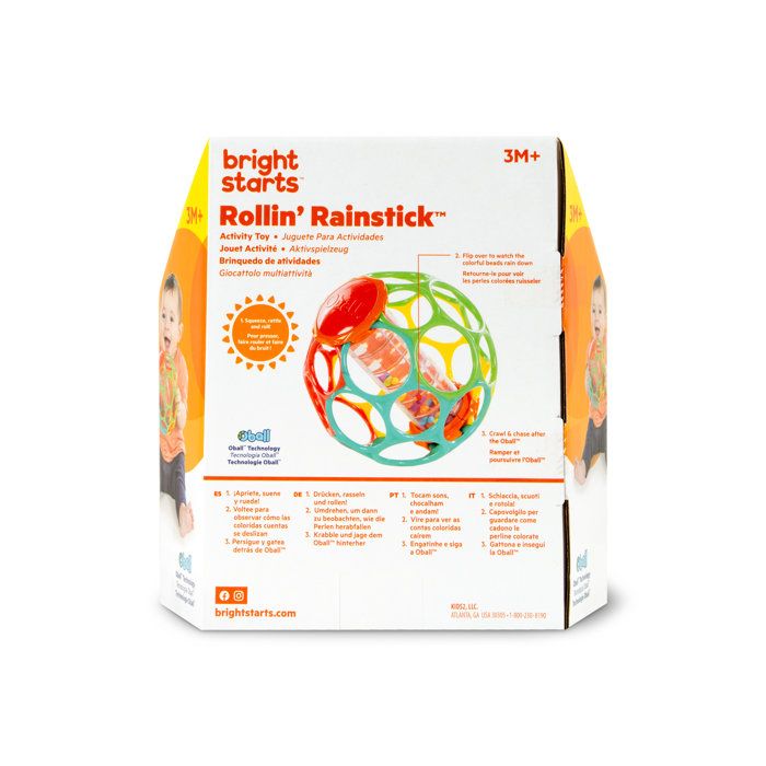 BRIGHT STARTS OBALL -Hochet pour bébé - Rollin' Rainstick - Perles multicolores - Baton de pluie - 3M+