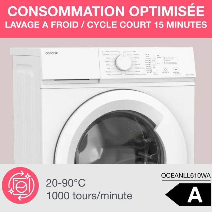 Lave-linge frontal OCEANIC OCEALL610WA - 6 kg - Induction - 60 cm - 1000 trs/ min - Blanc