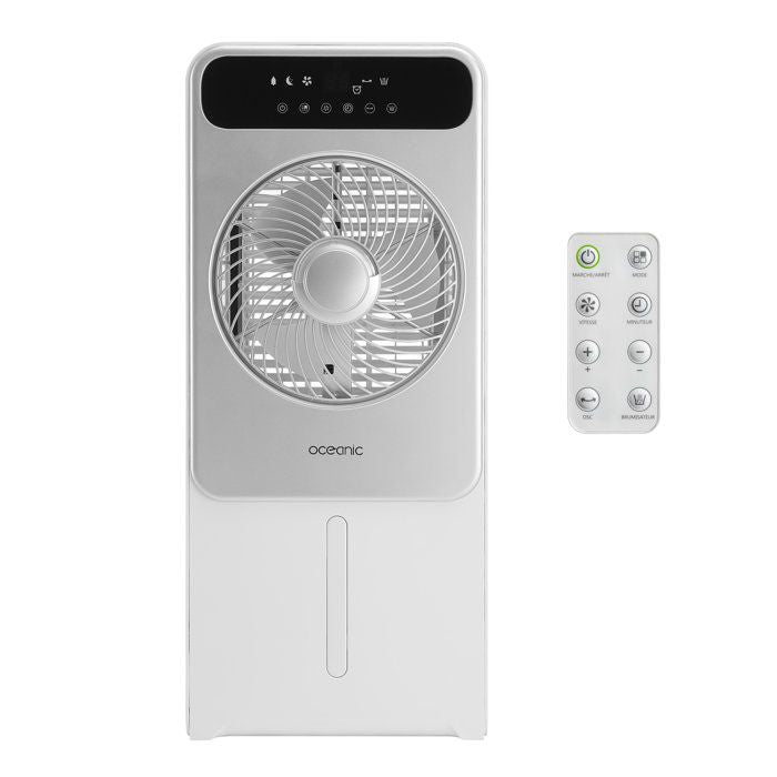 Ventilateur brumisateur 3 en 1 OCEANIC - 50W - Diametre 23 cm - Affichage LED - Télécommande - Minuterie - Moteur DC - Gris et blanc