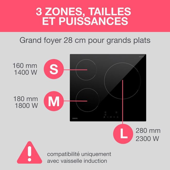 Table de cuisson induction OCEANIC 3 foyers L60 x P52 cm OCEATI3Z7B