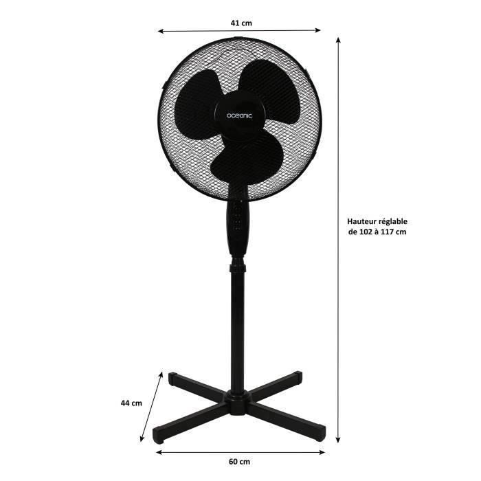 Ventilateur de pied - OCEANIC - 45 W - Ø 41 cm - 3 vitesses - Oscillant - Inclinable - Noir