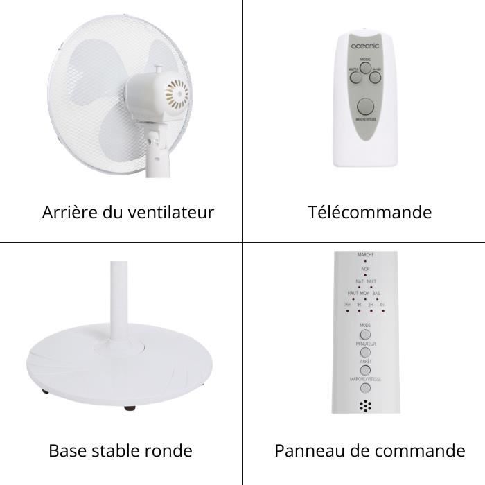 OCEANIC Ventilateur de pied - 45 W - ÿ 44 cm - 3 vitesses - Oscillant - Inclinable - Blanc