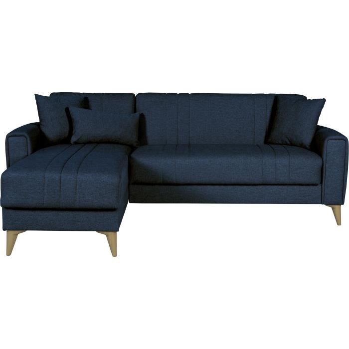Canapé d'angle convertible réversible - 3 / 4 personnes - OMEGA - Tissu bleu foncé - Coffre - 3 coussins - 225 x 81/151 x 84 cm