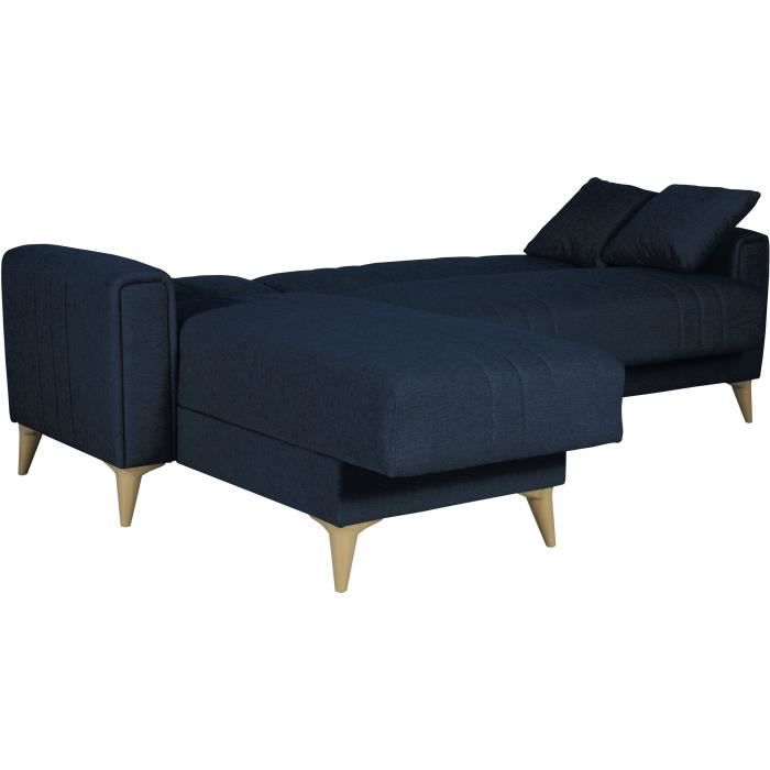 Canapé d'angle convertible réversible - 3 / 4 personnes - OMEGA - Tissu bleu foncé - Coffre - 3 coussins - 225 x 81/151 x 84 cm