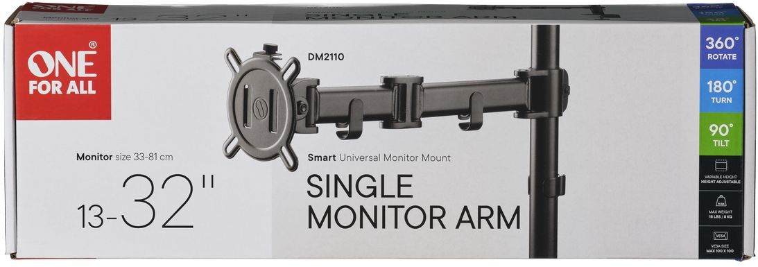 Support moniteur Smart - ONE FOR ALL - Vesa 100 - Simple Bras - 13 et 32'' - 8kgs max - Hauteur réglable - Noir