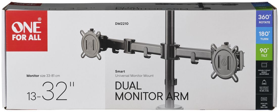 Support moniteur Smart - ONE FOR ALL - Vesa 100 - Double Bras - 13 et 32'' - 8kgs max - Hauteur réglable - Noir