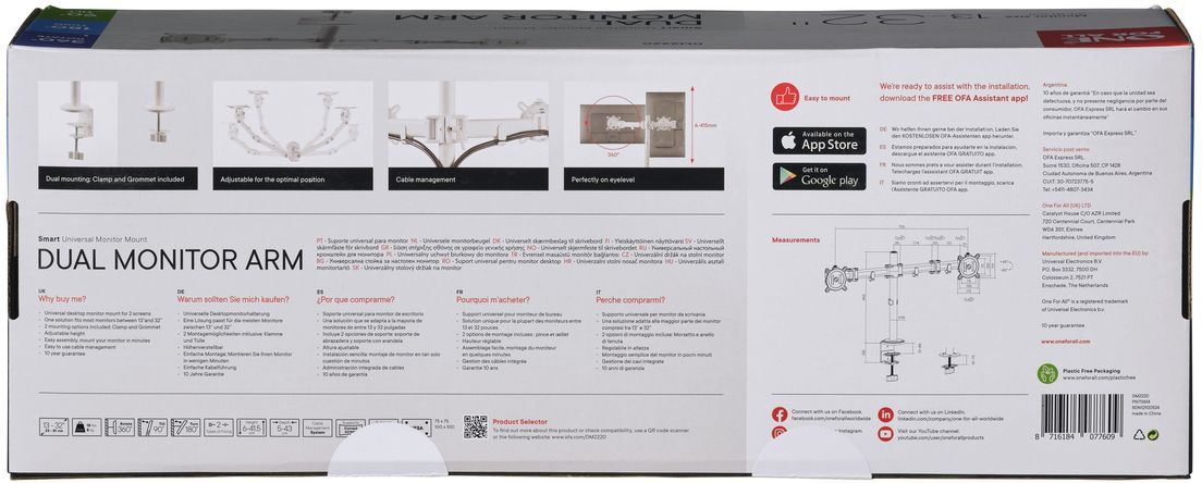 Support moniteur Smart - ONE FOR ALL - Vesa 100 - Double Bras - 13 et 32'' - 8kgs max - Hauteur réglable - Blanc