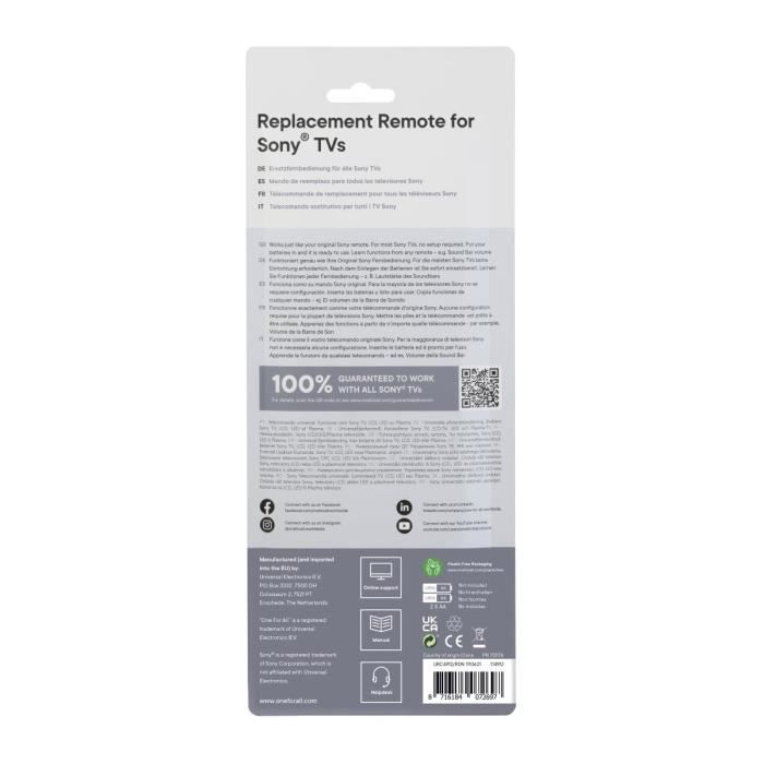 ONE FOR ALL URC4912 - Télécommande de remplacement pour TV Sony