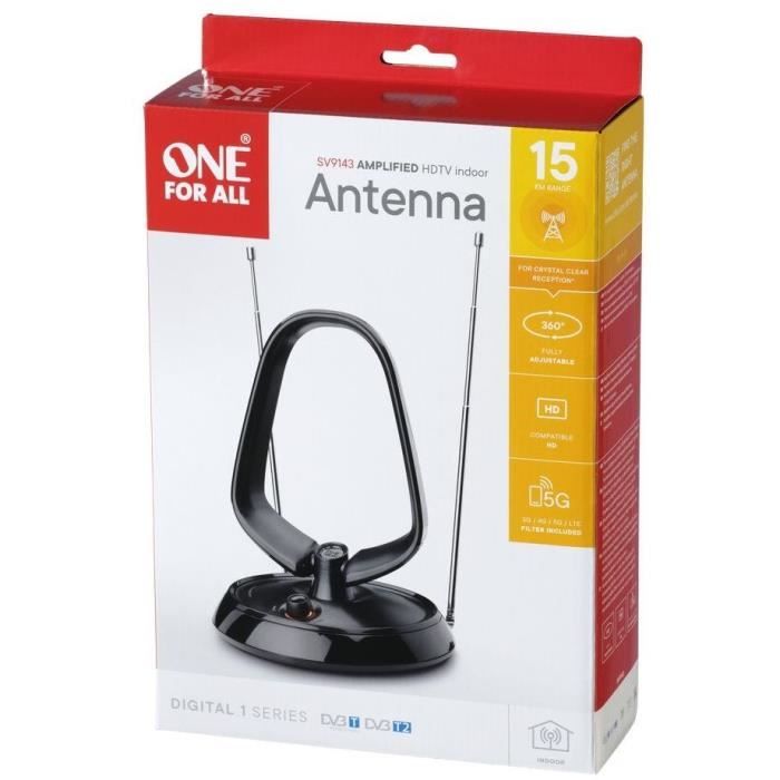 Antenne d'intérieur amplifiée - ONE FOR ALL - Avec portée de réception de 15 km - Excellente réception TNT - Filtre 3G/4G/5G/LTE
