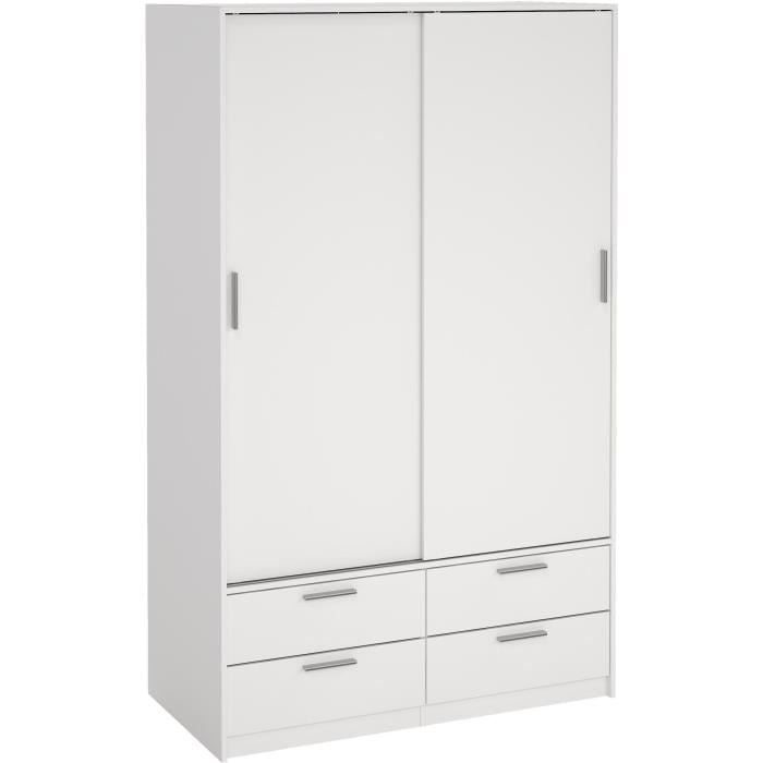 Armoire - Blanc mat - 2 portes coulissantes - 4 tiroirs - L121,2 x P60,25 x H200 cm - ONTARIO