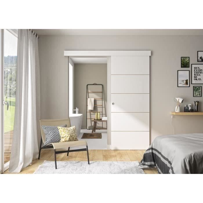 OPTIMUM - Kit porte coulissante + rail + bandeau Atelier - H.204xL.83xP.4 cm - Blanche lignÈe