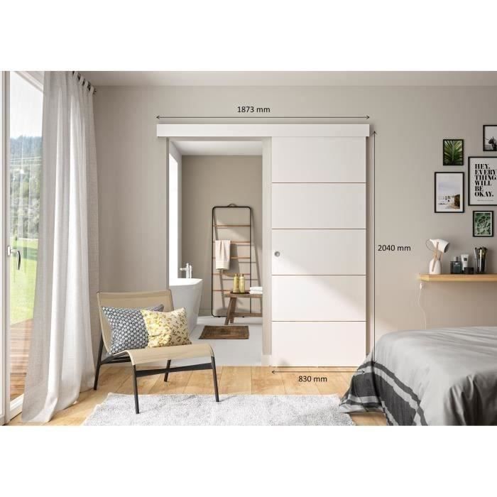 OPTIMUM - Kit porte coulissante + rail + bandeau Atelier - H.204xL.83xP.4 cm - Blanche lignée