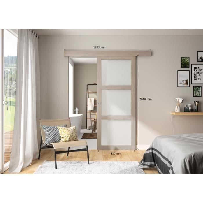 OPTIMUM - Kit porte coulissante 3 carreaux + rail + bandeau VÈrone - H.204 x L.83 x P.4 cm - Chene taupe