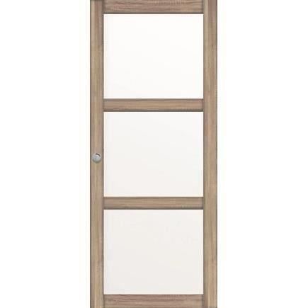 OPTIMUM - Kit porte coulissante 3 carreaux + rail + bandeau Vérone - H.204 x L.83 x P.4 cm - Chene taupe