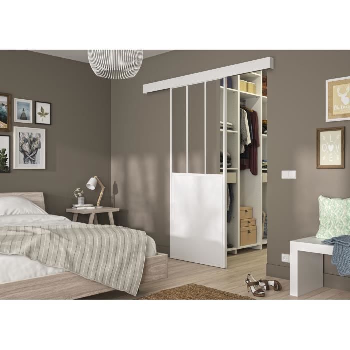 OPTIMUM - Kit porte coulissante + rail + bandeau Atelier - H 204 x L 93 x P 4 cm - Blanc verre transparent