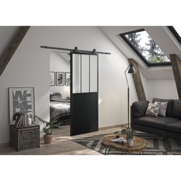 OPTIMUM Kit porte coulissante ATELIER noir + rail apparent - 204 x 83 cm - verre dépoli