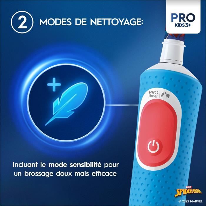 Oral-B Pro Kids3+ Brosse a dents électrique enfant Spiderman, Marvel, 1 Brossette Brossage Doux, Minuteur et Vibrations