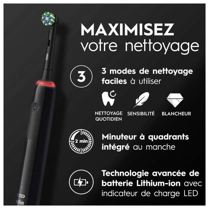 Brosse a dents Èlectriques Oral-B Pro 3 3900 - Lot de 2 - 2 manches noirs - 3 Brossettes - ConÁues Par Braun