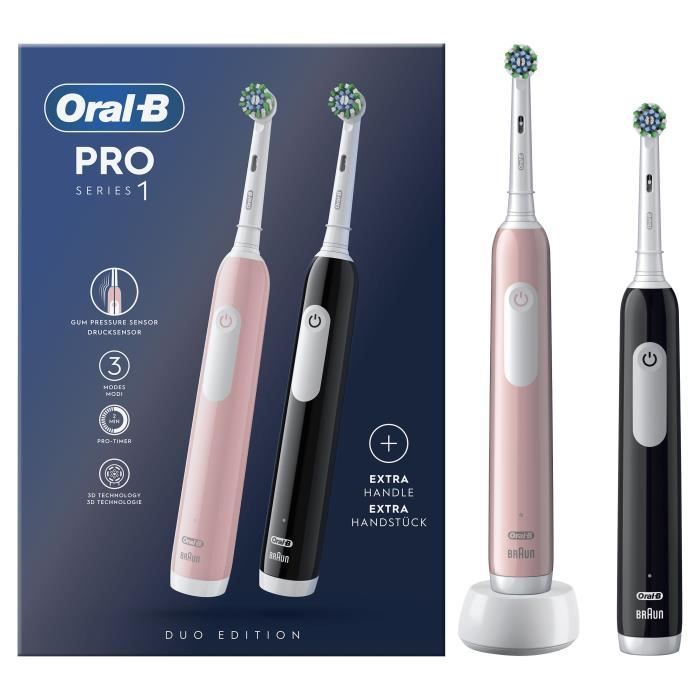 Oral-B Pro Series 1 Brosse a dents électrique duo Rose et noire, Nettoyage 3D, 2 brossette, 1 chargeur
