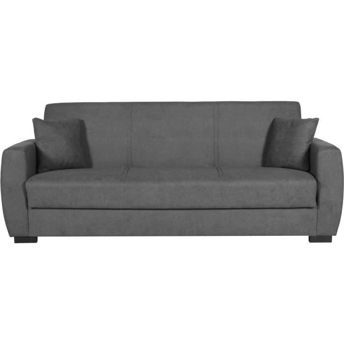 Canapé convertible 3 places - OSCAR - Tissu gris clair - 2 coussins - Coffre de rangement - 226 x 84 x 92 cm