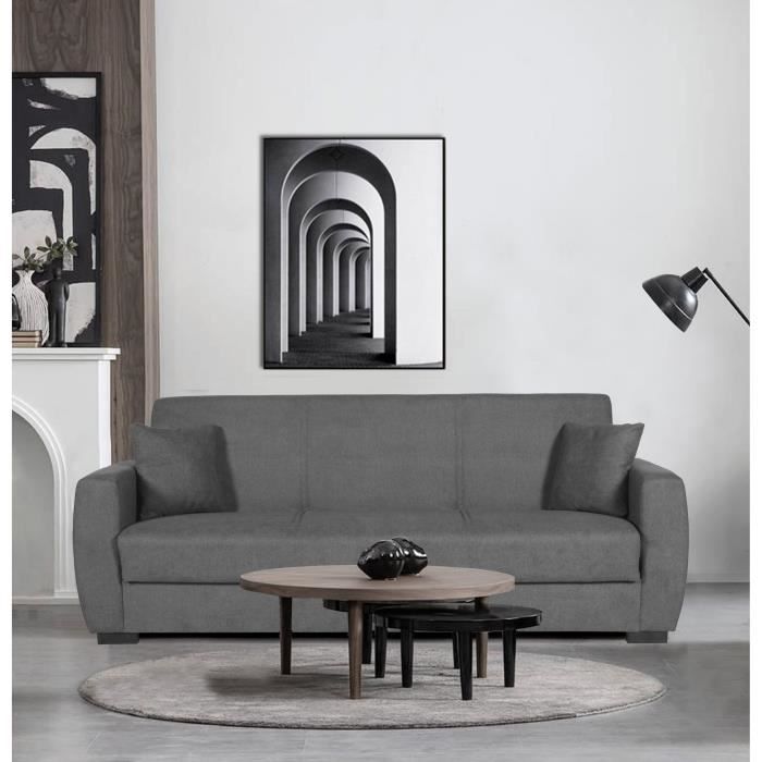 Canapé convertible 3 places - OSCAR - Tissu gris clair - 2 coussins - Coffre de rangement - 226 x 84 x 92 cm