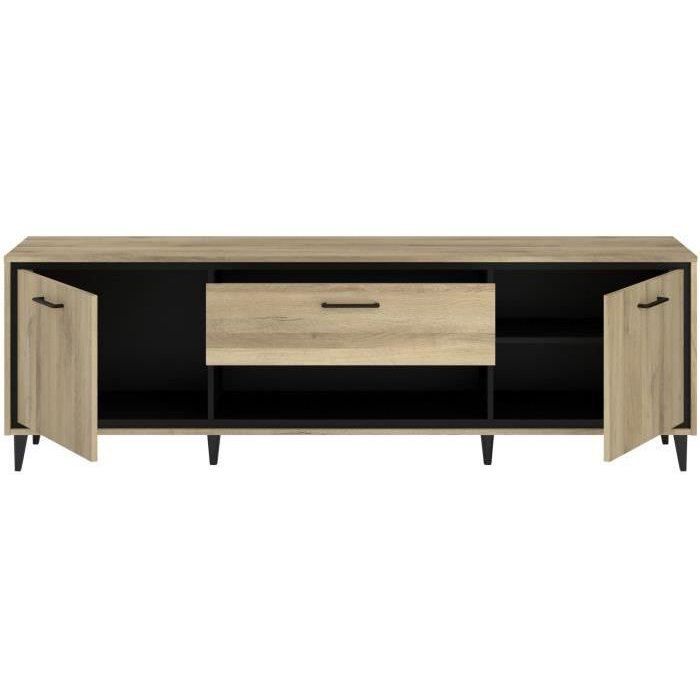Meuble TV 2 portes et 1 tiroir - OSTARA - Chene / Noir - 179,9 x 39,8 x 56,9 cm - PARISOT