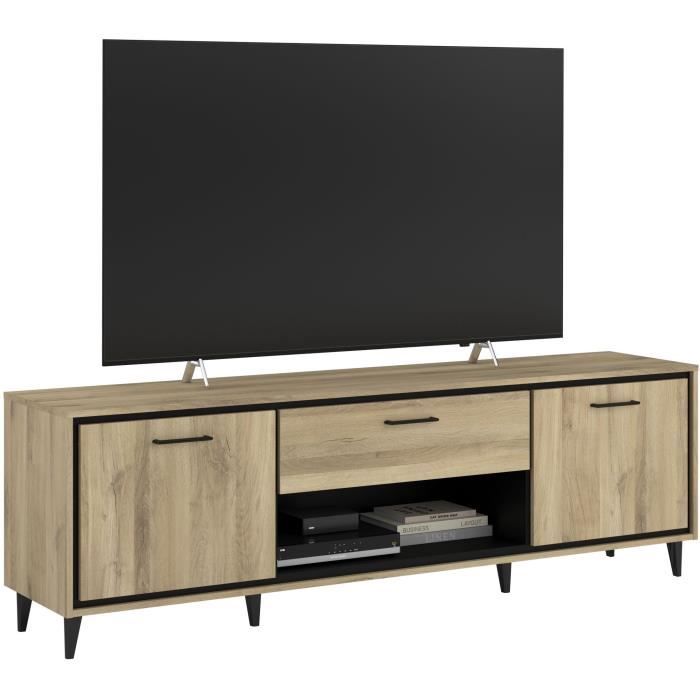 Meuble TV 2 portes et 1 tiroir - OSTARA - Chene / Noir - 179,9 x 39,8 x 56,9 cm - PARISOT