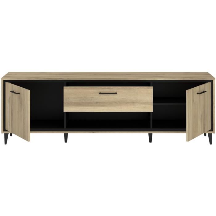 Meuble TV 2 portes et 1 tiroir - OSTARA - Chene / Noir - 179,9 x 39,8 x 56,9 cm - PARISOT