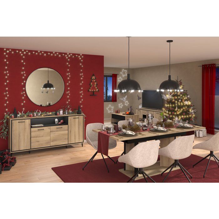 Meuble TV 2 portes et 1 tiroir - OSTARA - Chene / Noir - 179,9 x 39,8 x 56,9 cm - PARISOT